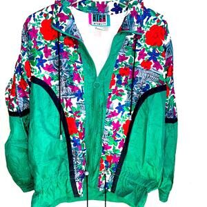 Women’s Vintage Windbreaker Jacket Shoulder Pads Medium Floral 90s 80s